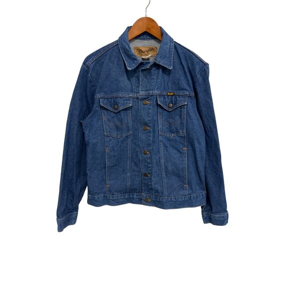 Vintage Wrangler Button Front Denim Trucker Jacket Mens Medium Wash Retro Blue